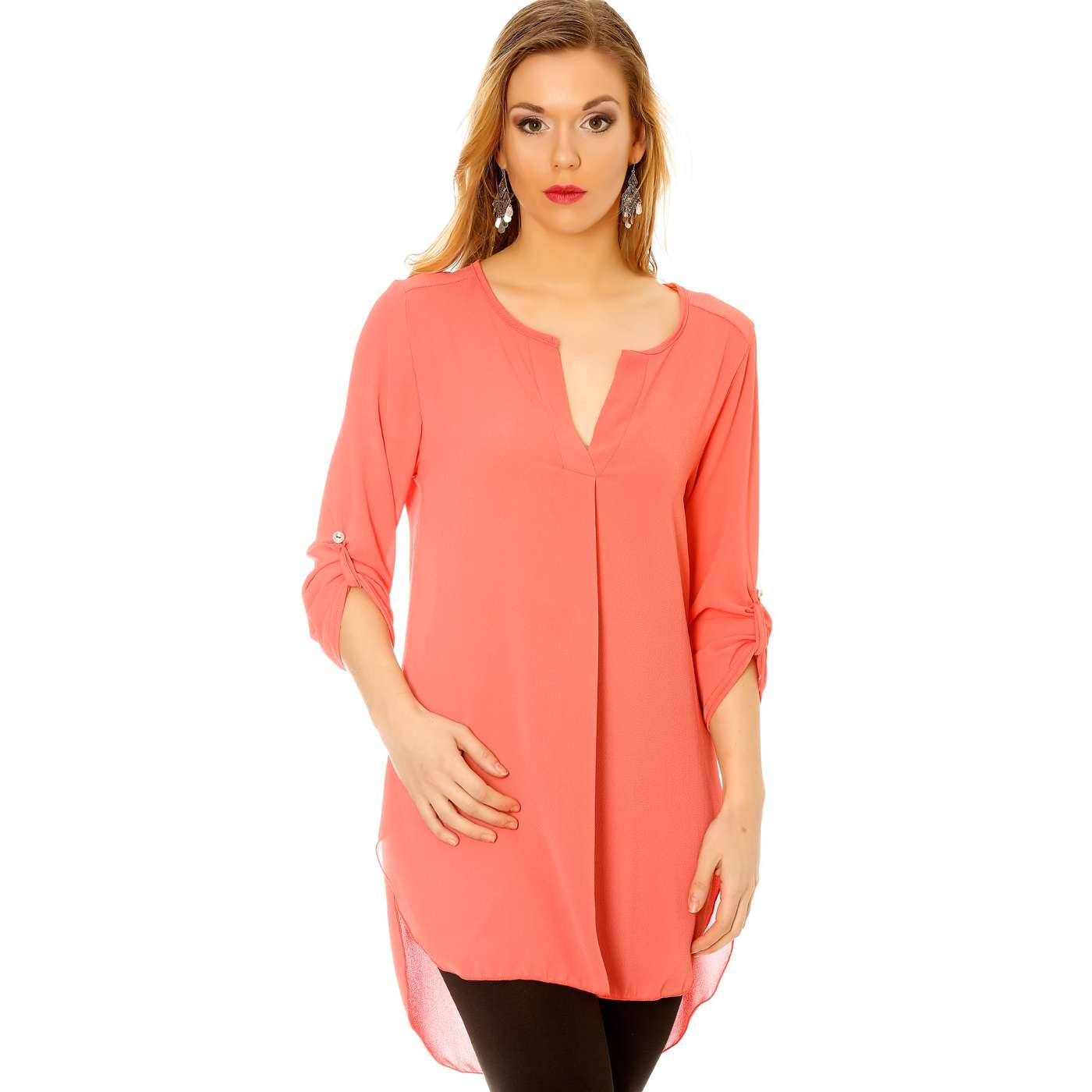Miss Wear Line Longue Tunique Corail Ouvert Au Col, Long Derriere Et